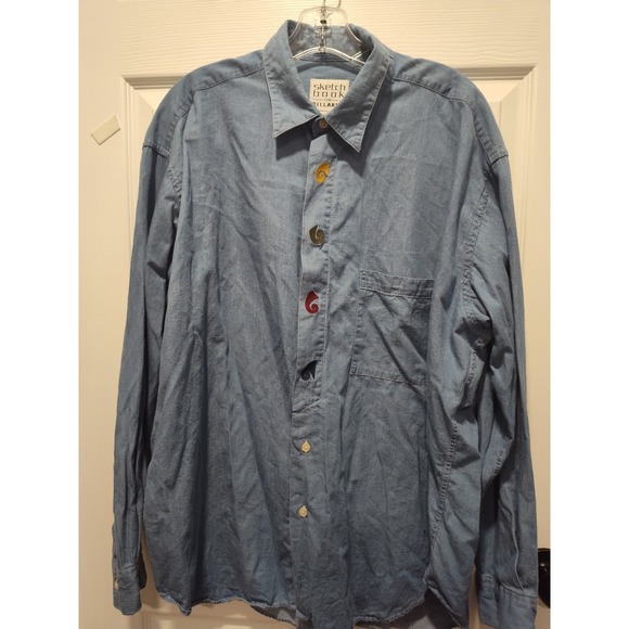 Vintage SketchBook Shirt Womens Large Blue Denim Embroidered Cottage Swirl 90s - Picture 15 of 16